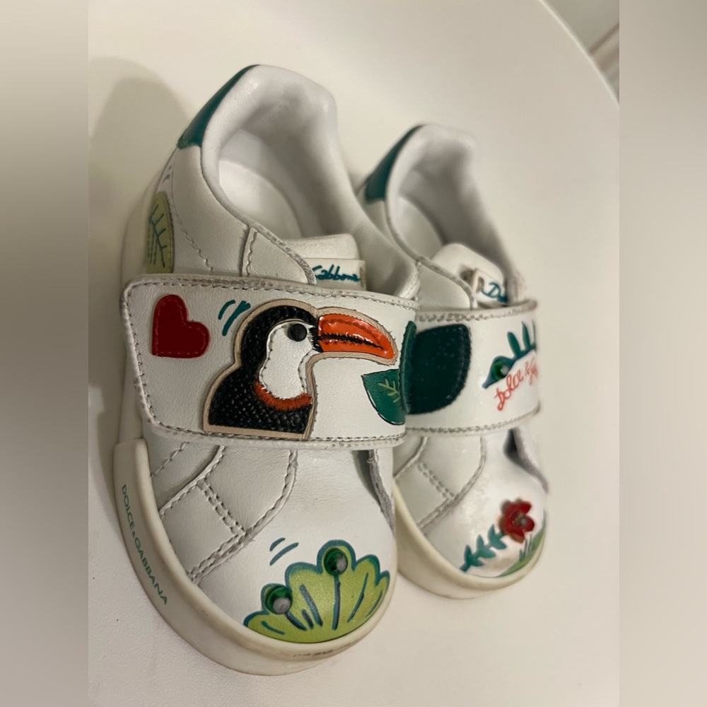 Gabbana Girls White/ Green  Portofino Leather Sneakers Sz 22, US 6.5